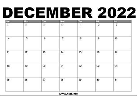 Free Printable Calendar December 2022